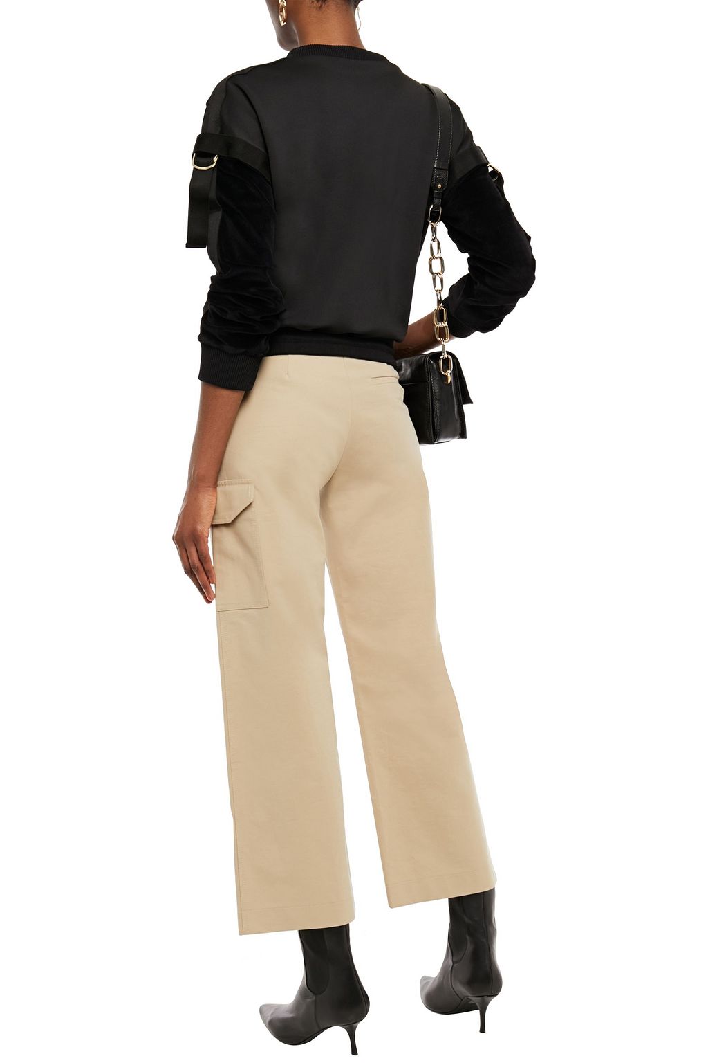 JUST CAVALLI Strap-detailed paneled velvet and leopard-print jersey sweatshirt