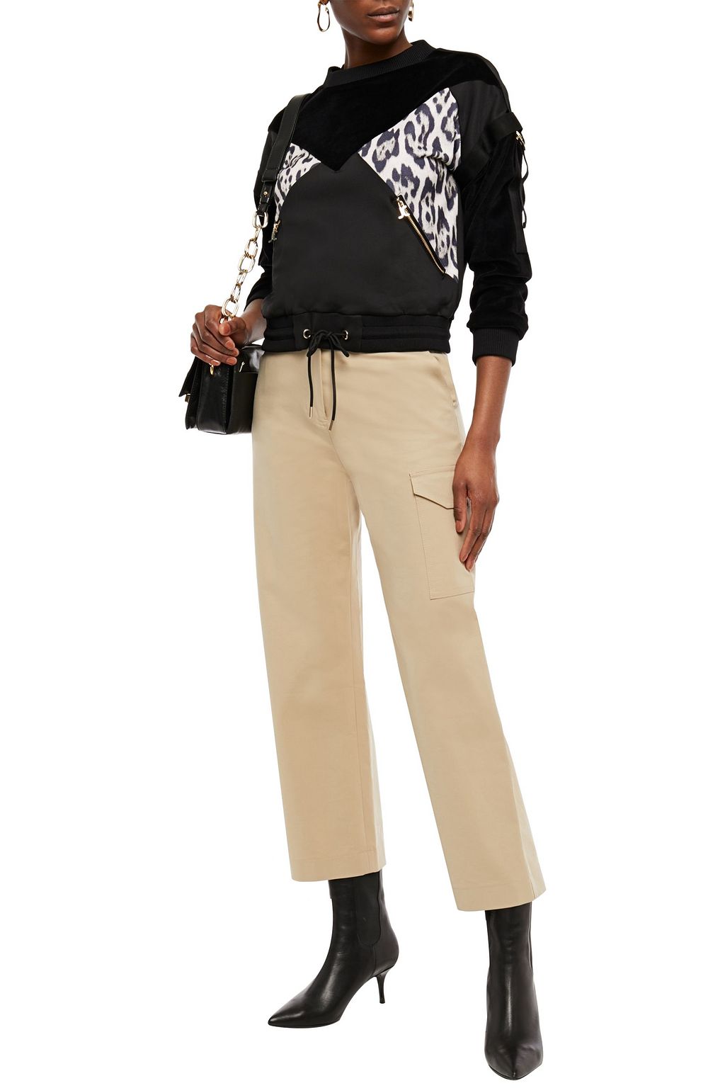 JUST CAVALLI Strap-detailed paneled velvet and leopard-print jersey sweatshirt
