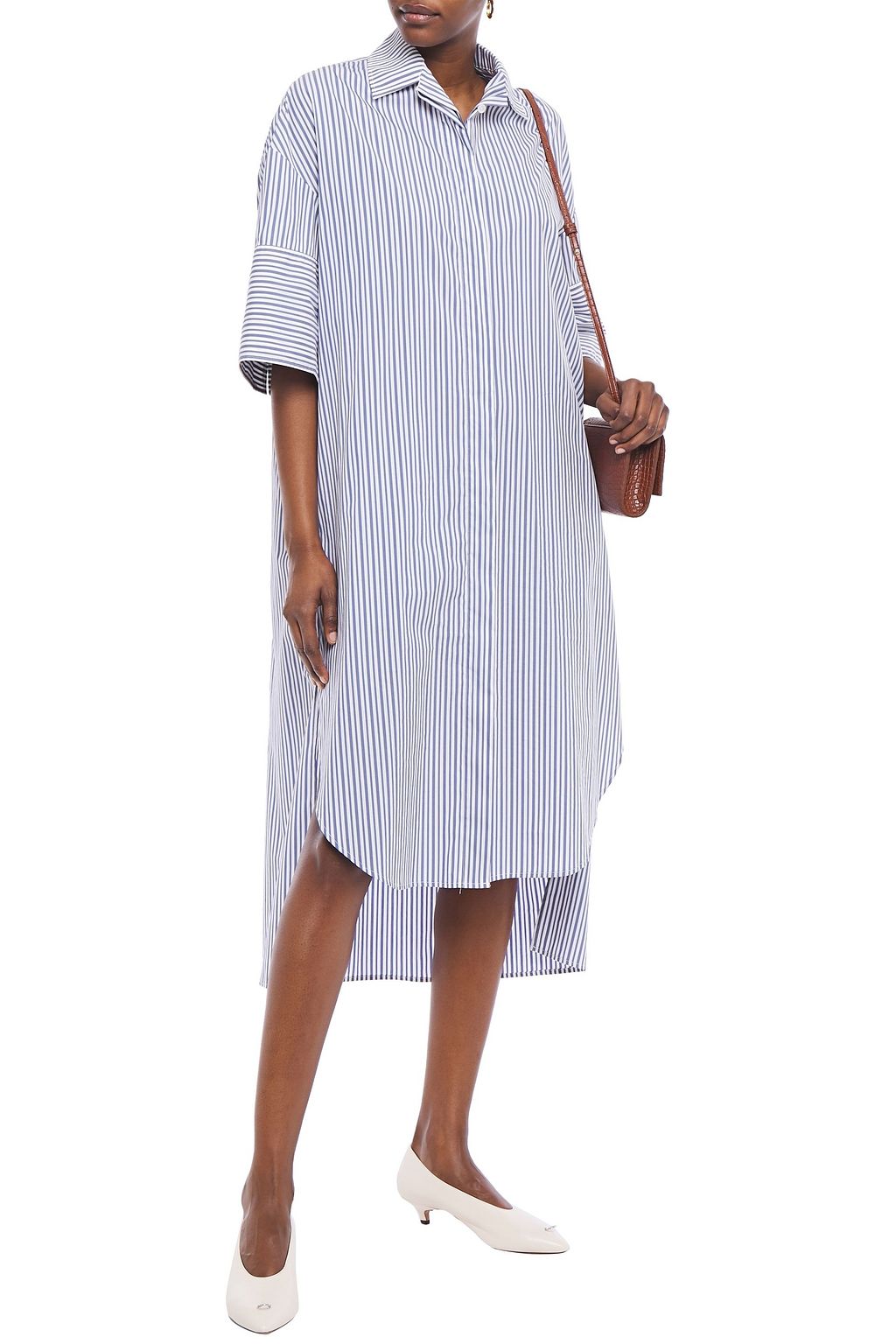 DEVEAUX Blanchard striped cotton-poplin midi shirt dress