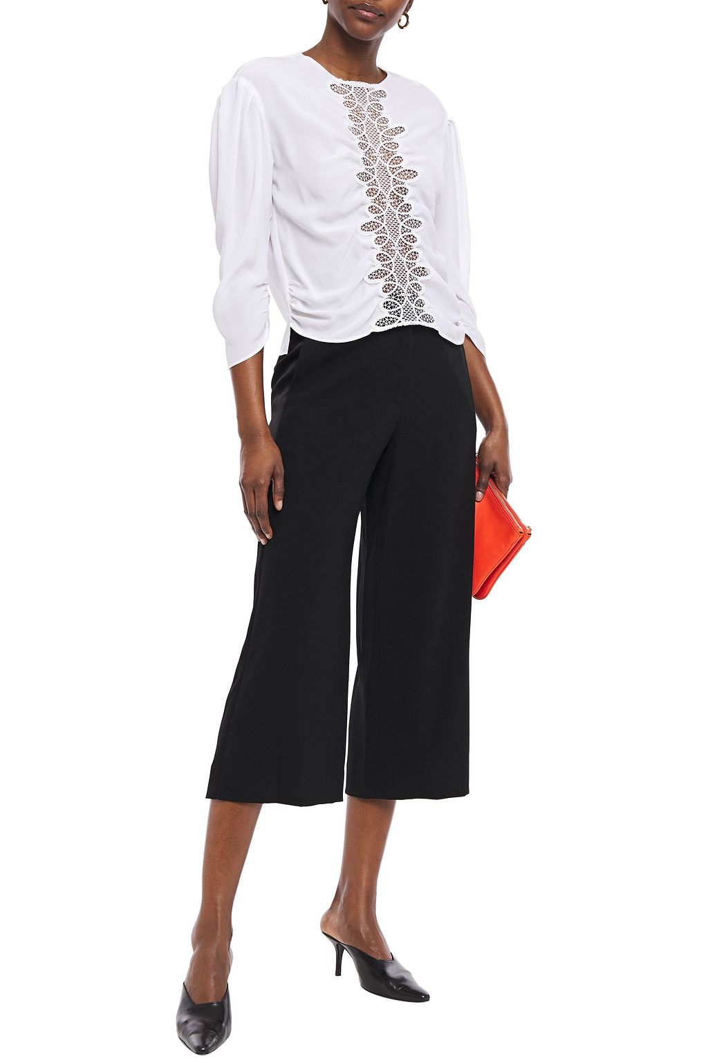 SANDRO Antonin gathered guipure lace-paneled silk crepe de chine blouse