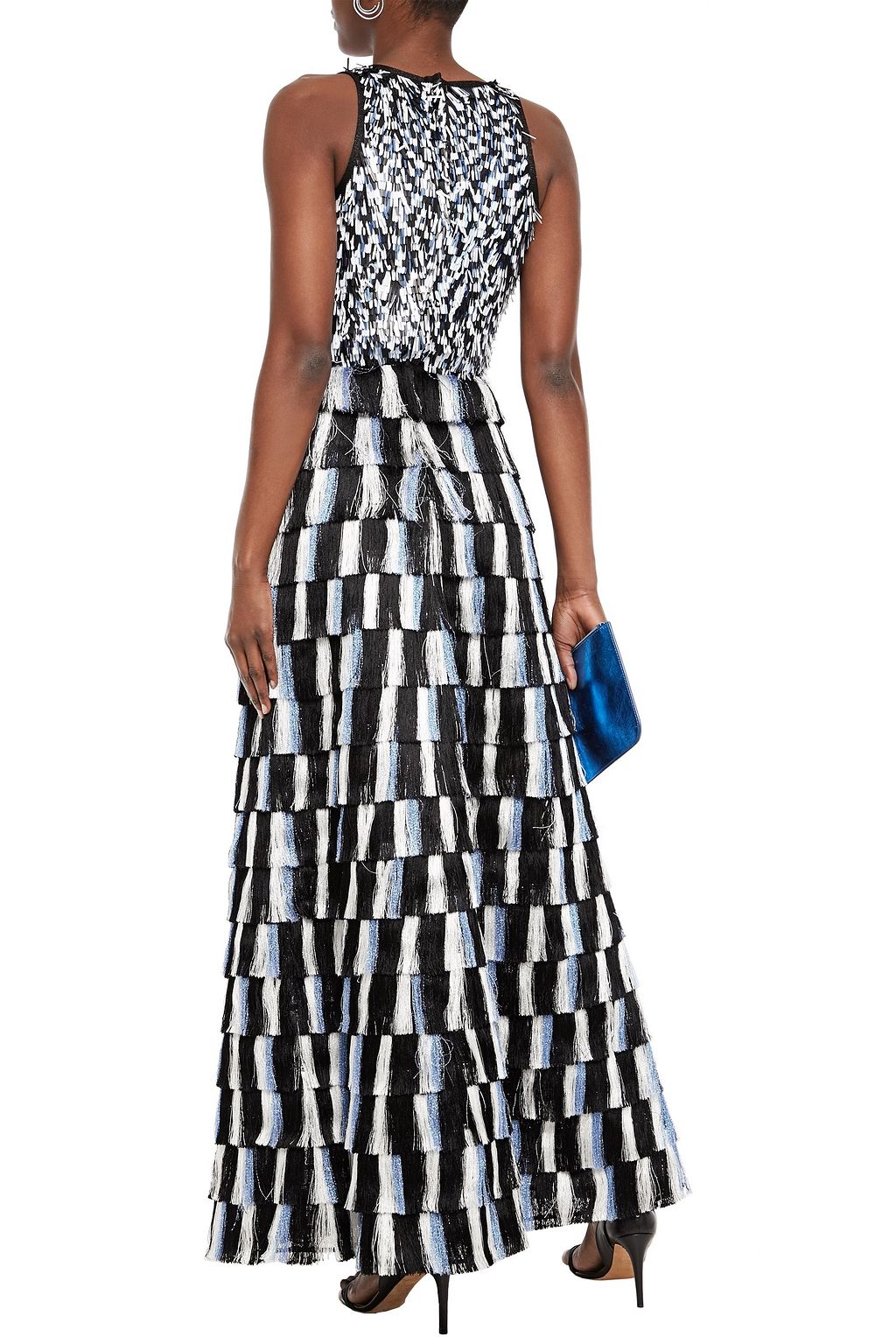 MISSONI Tiered sequined silk-chiffon and fringed crochet-knit maxi dress