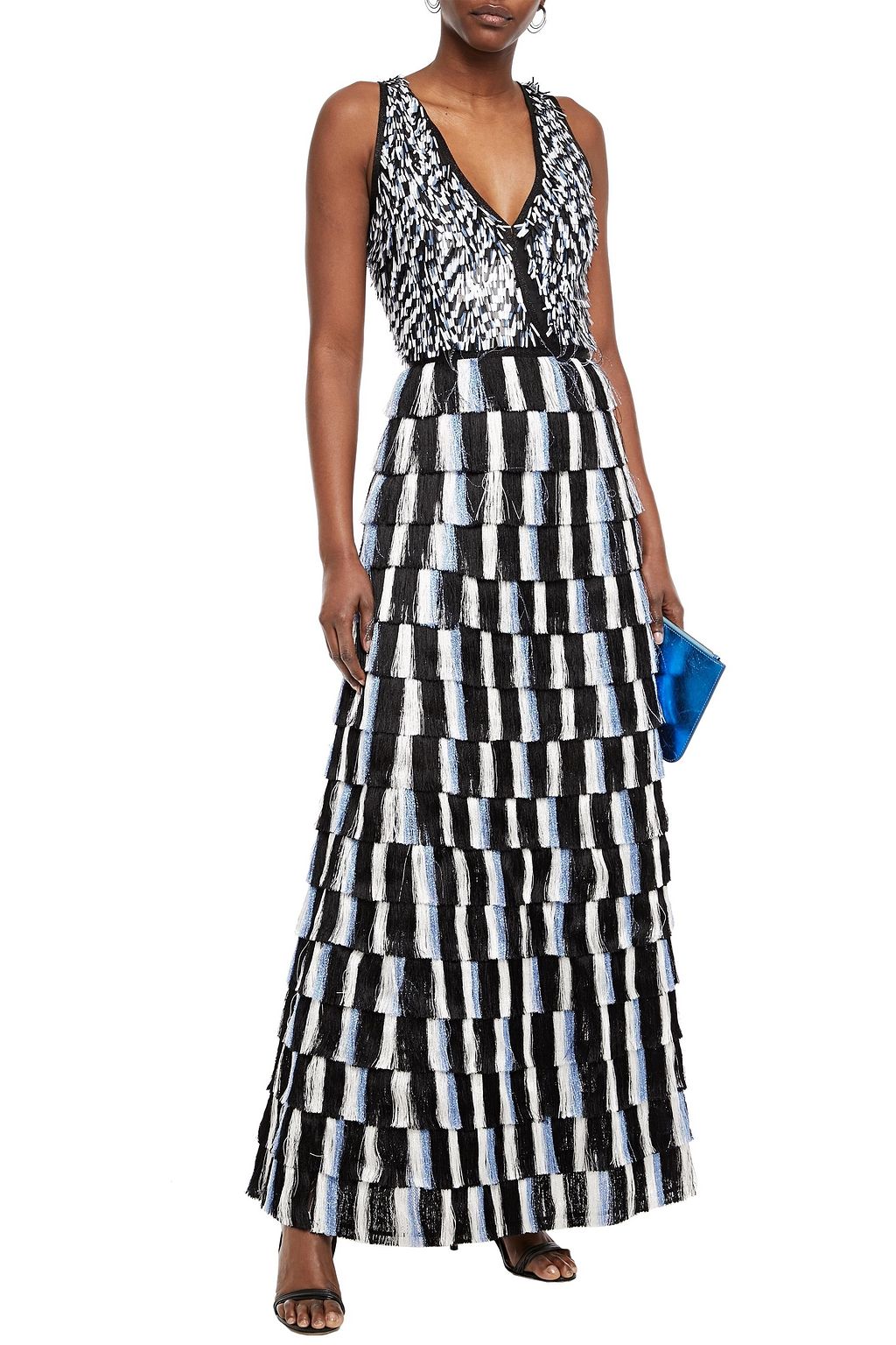 MISSONI Tiered sequined silk-chiffon and fringed crochet-knit maxi dress