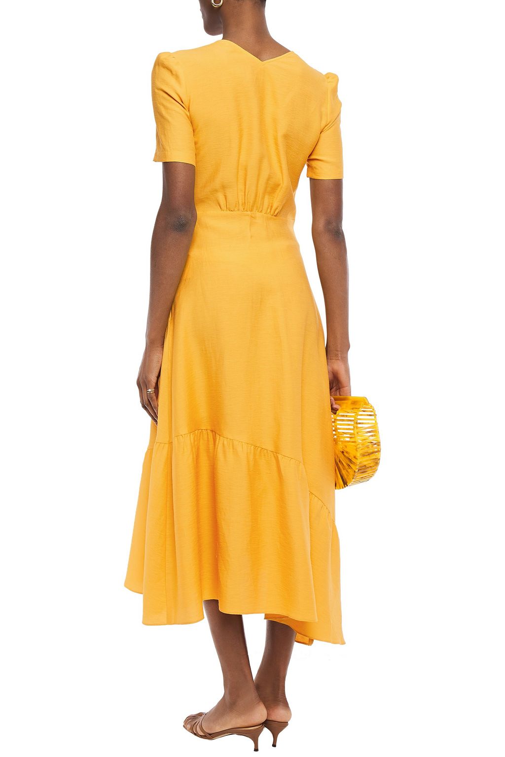 SANDRO Tamara asymmetric cutout gathered twill midi dress