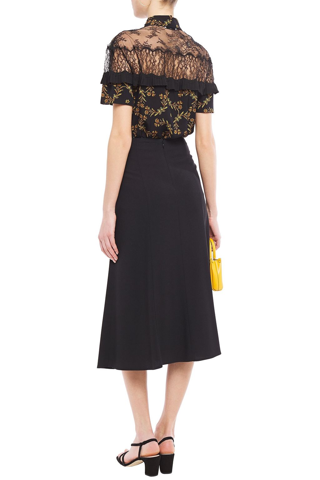 SANDRO Joan lace-paneled floral-print crepe de chine shirt