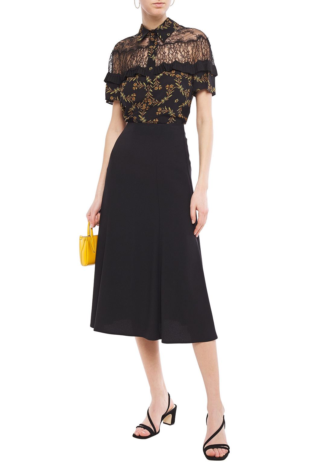SANDRO Joan lace-paneled floral-print crepe de chine shirt