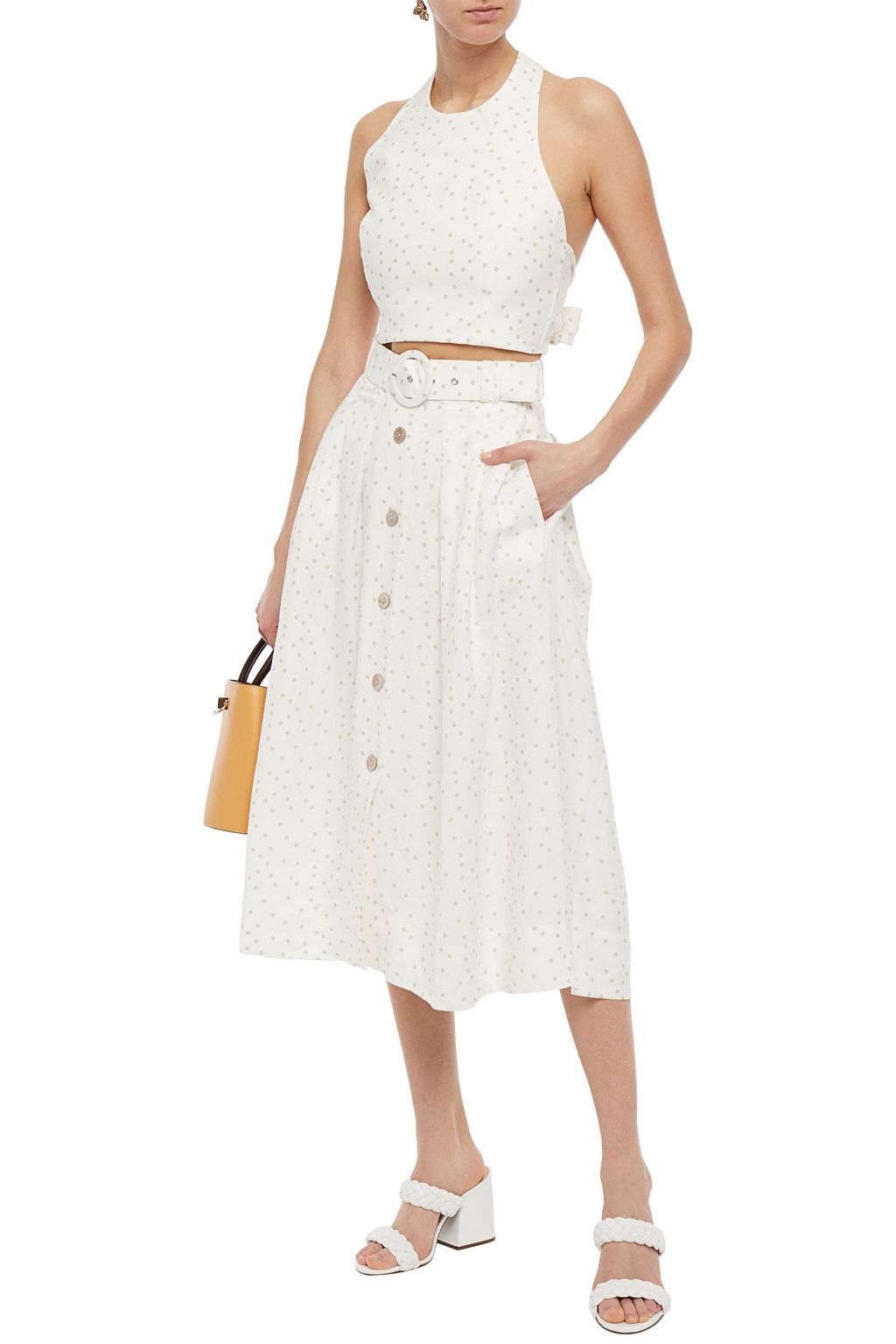 REBECCA VALLANCE Holliday cropped polka-dot linen-blend halterneck top