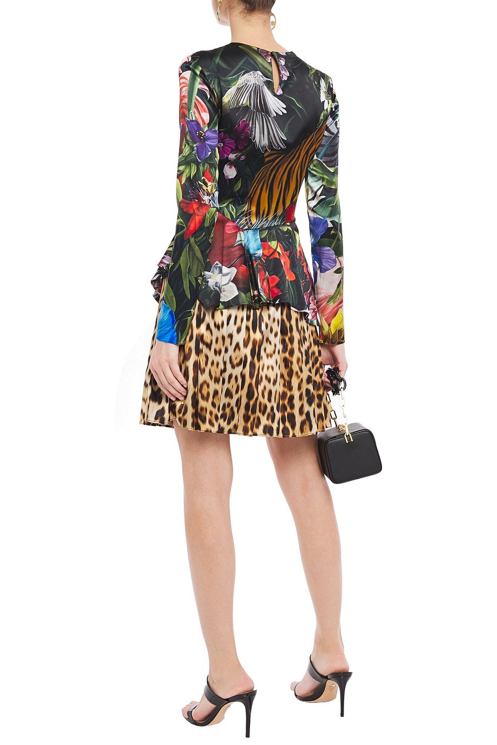 ROBERTO CAVALLI Printed stretch-silk satin peplum mini dress