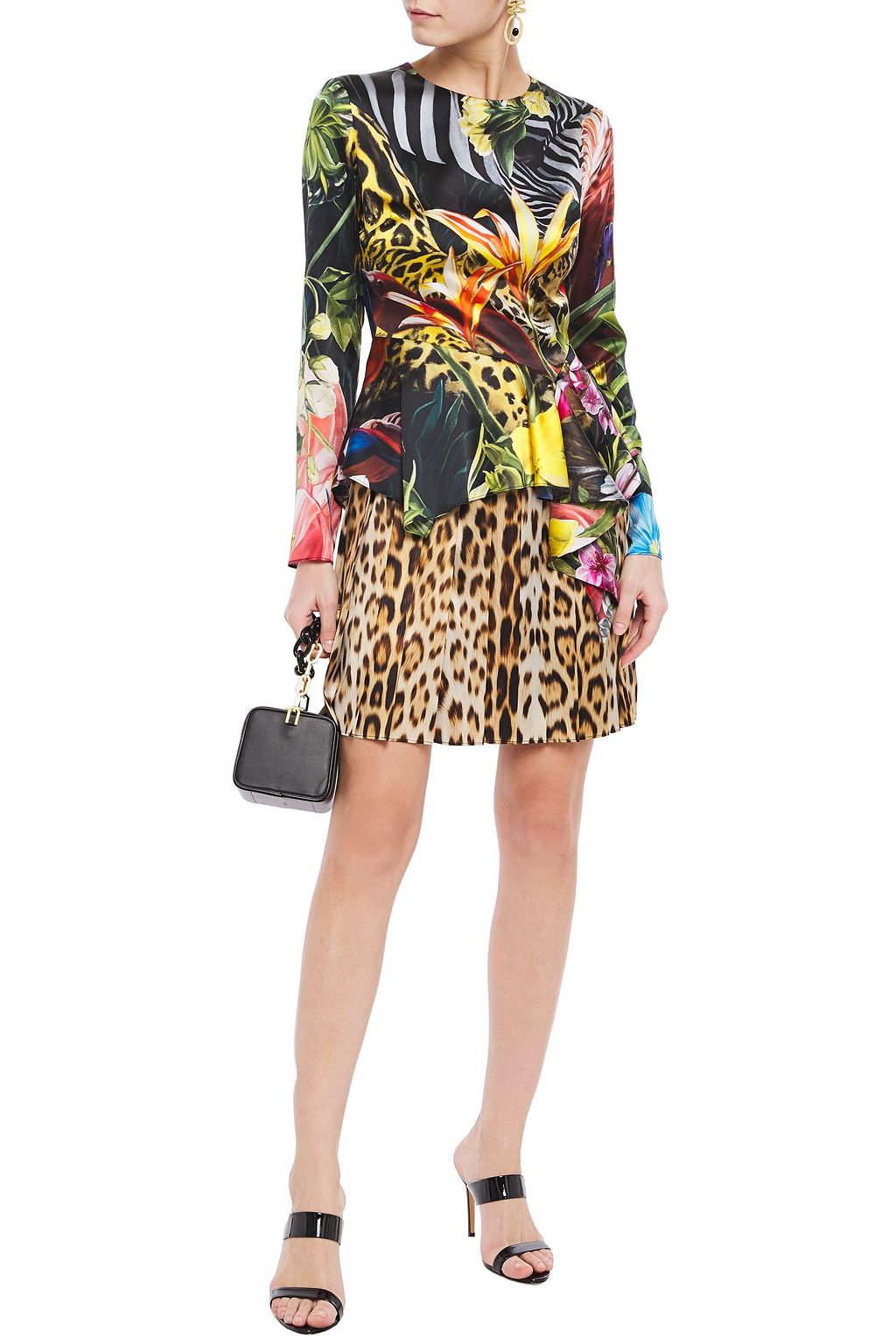 ROBERTO CAVALLI Printed stretch-silk satin peplum mini dress