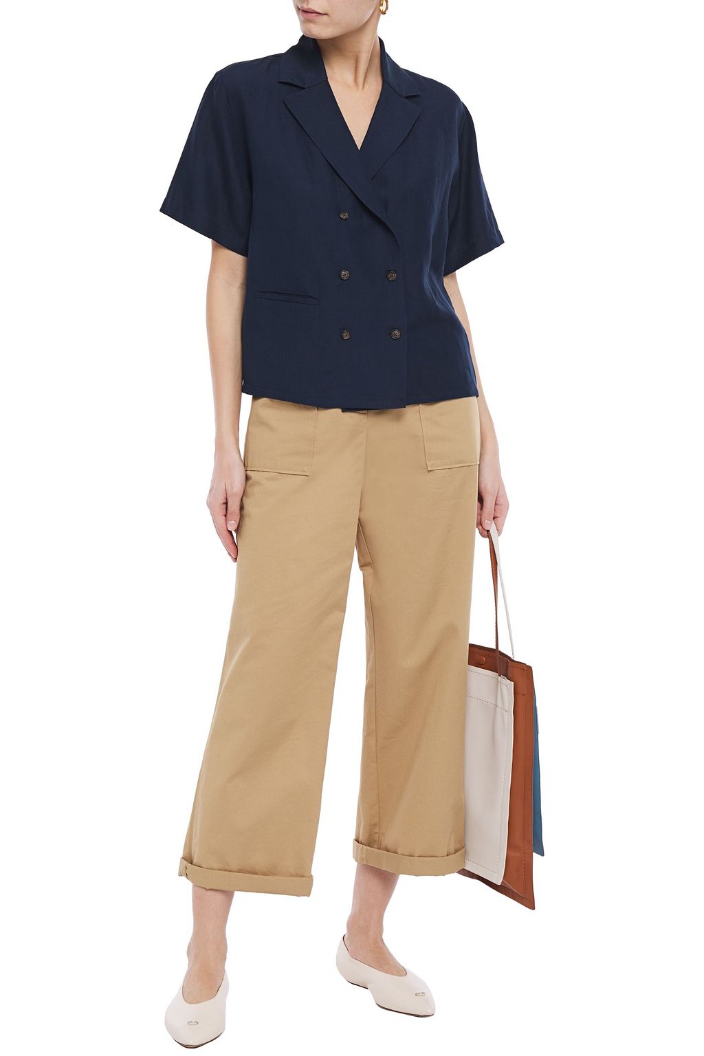 DEVEAUX Double-breasted silk and linen-blend shirt