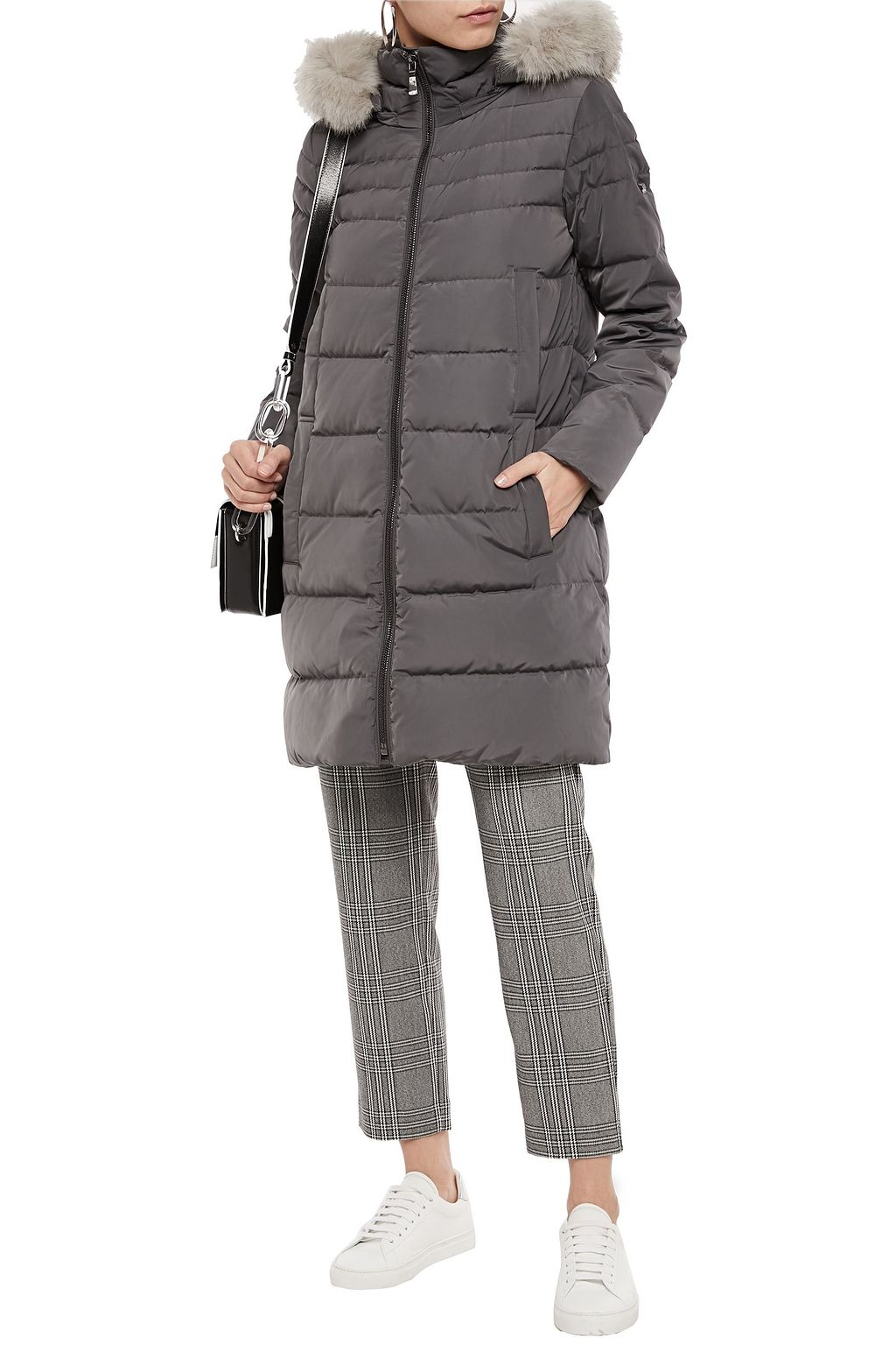 DKNY Faux fur-trimmed quilted shell hooded coat