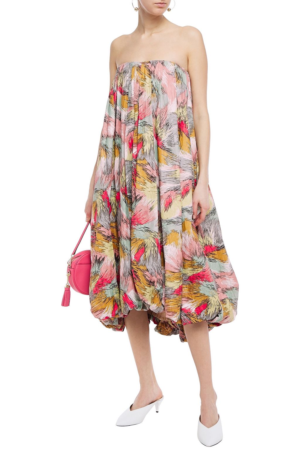 MISSONI Strapless gathered printed textured-woven midi dress