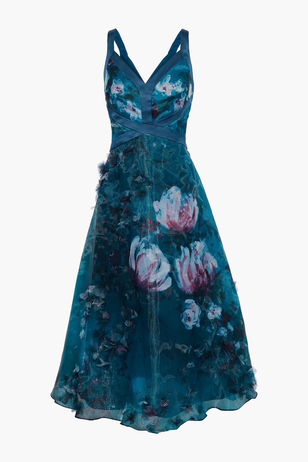 Teal Appliqued Floral Print Organza Midi Dress Sale Up To 70 Off The Outnet Marchesa Notte The Outnet
