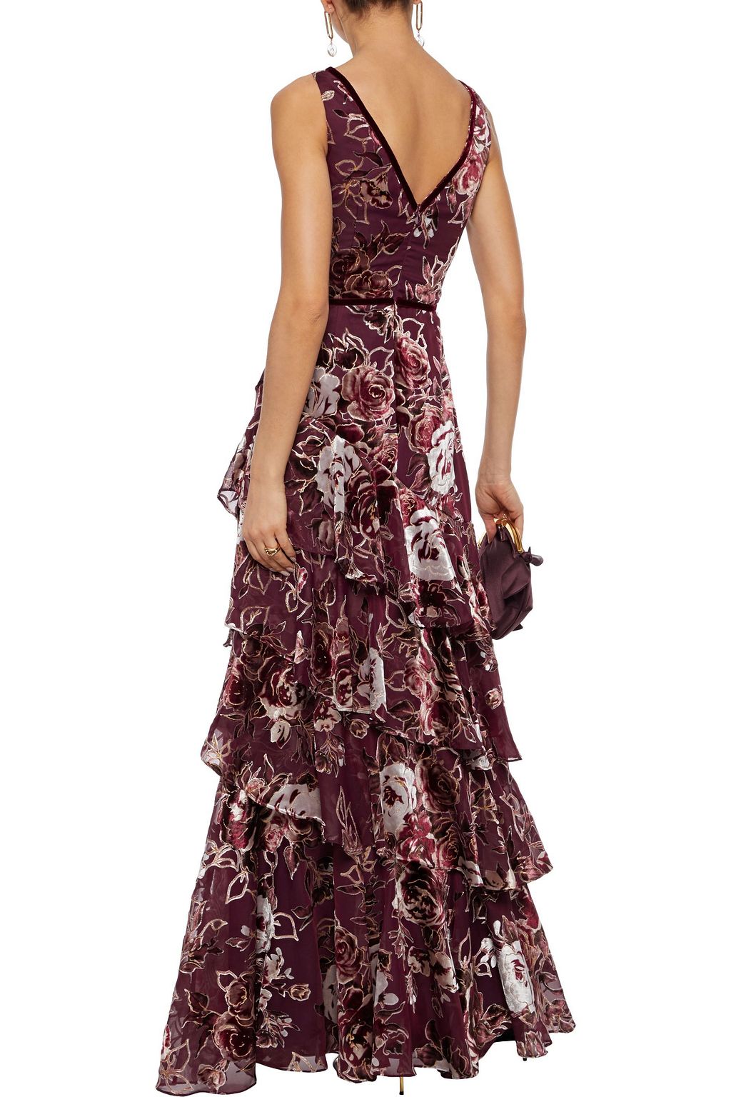 MARCHESA NOTTE Tiered metallic devoré-velvet gown