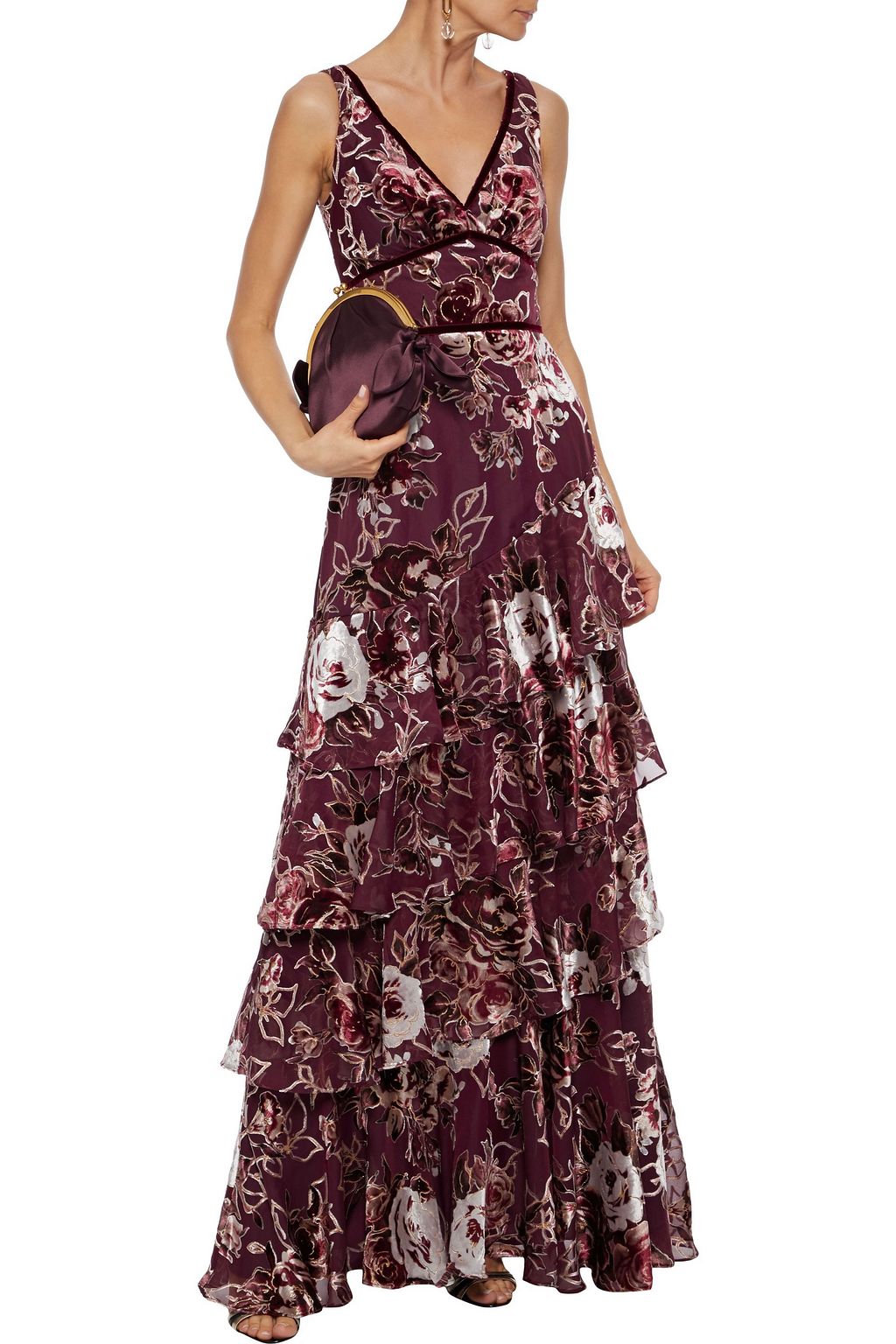 MARCHESA NOTTE Tiered metallic devoré-velvet gown