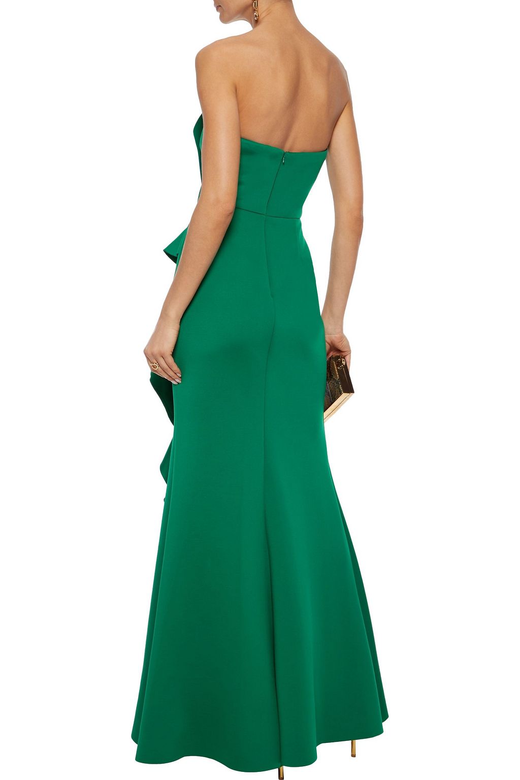 BADGLEY MISCHKA Strapless ruffled scuba gown