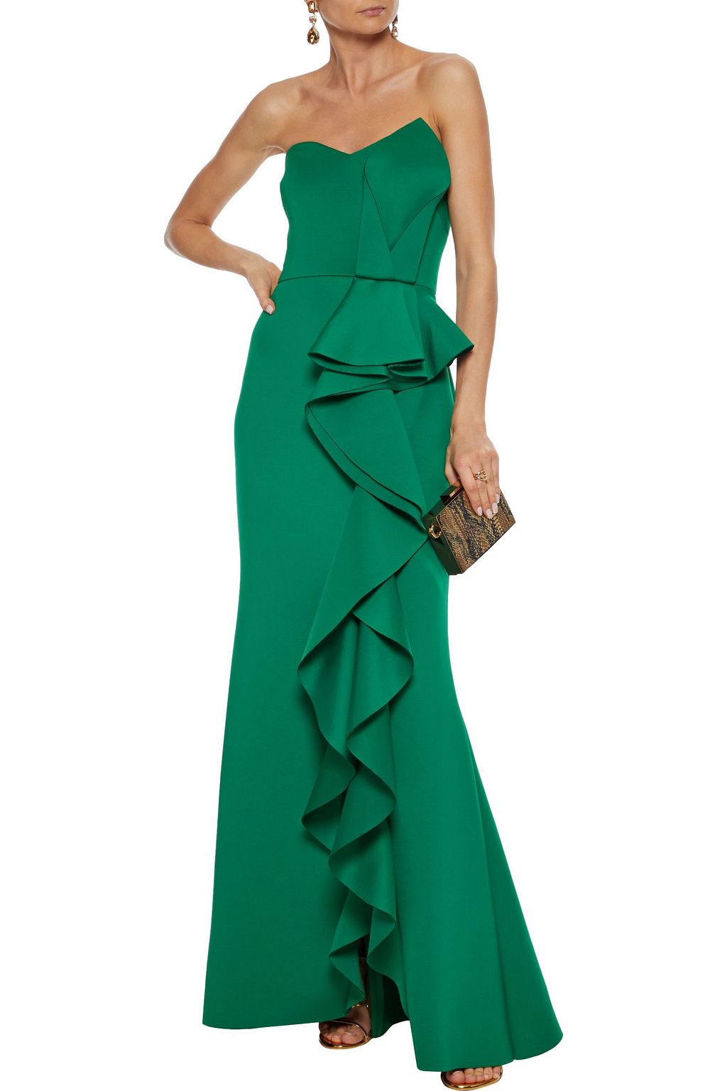 BADGLEY MISCHKA Strapless ruffled scuba gown