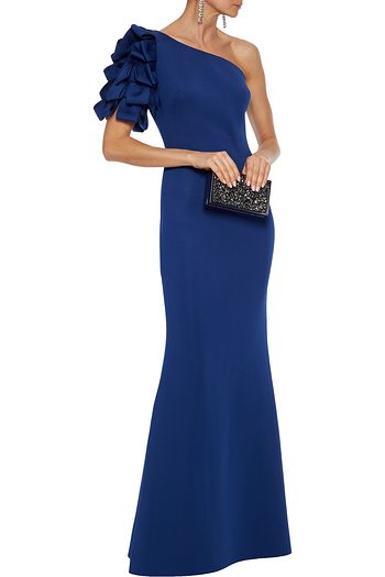 badgley mischka strapless ruffle scuba gown