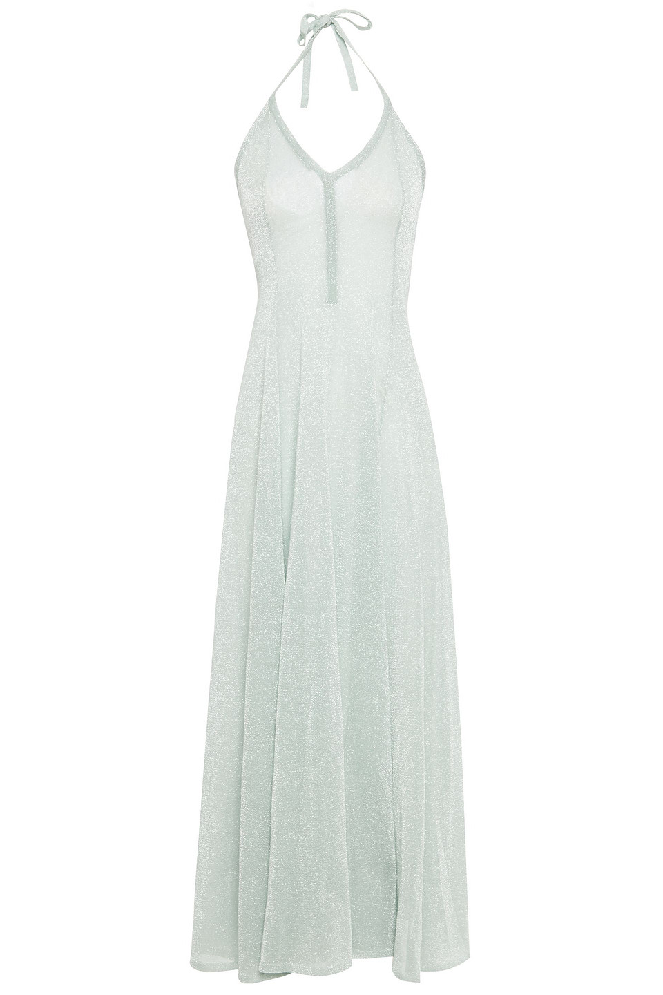 Missoni Woman Metallic Knitted Maxi Halterneck Dress Sage Green Size 36