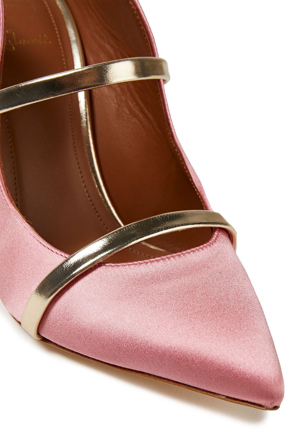 MALONE SOULIERS Maureen 100 metallic leather-trimmed satin mules