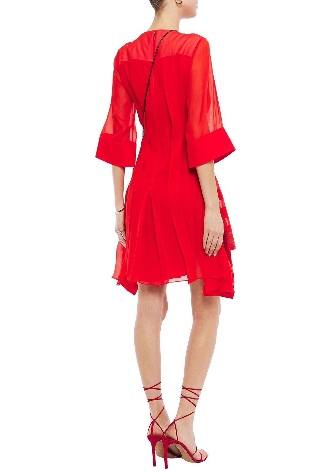 CHLOÉ Asymmetric lace-paneled pleated georgette mini dress