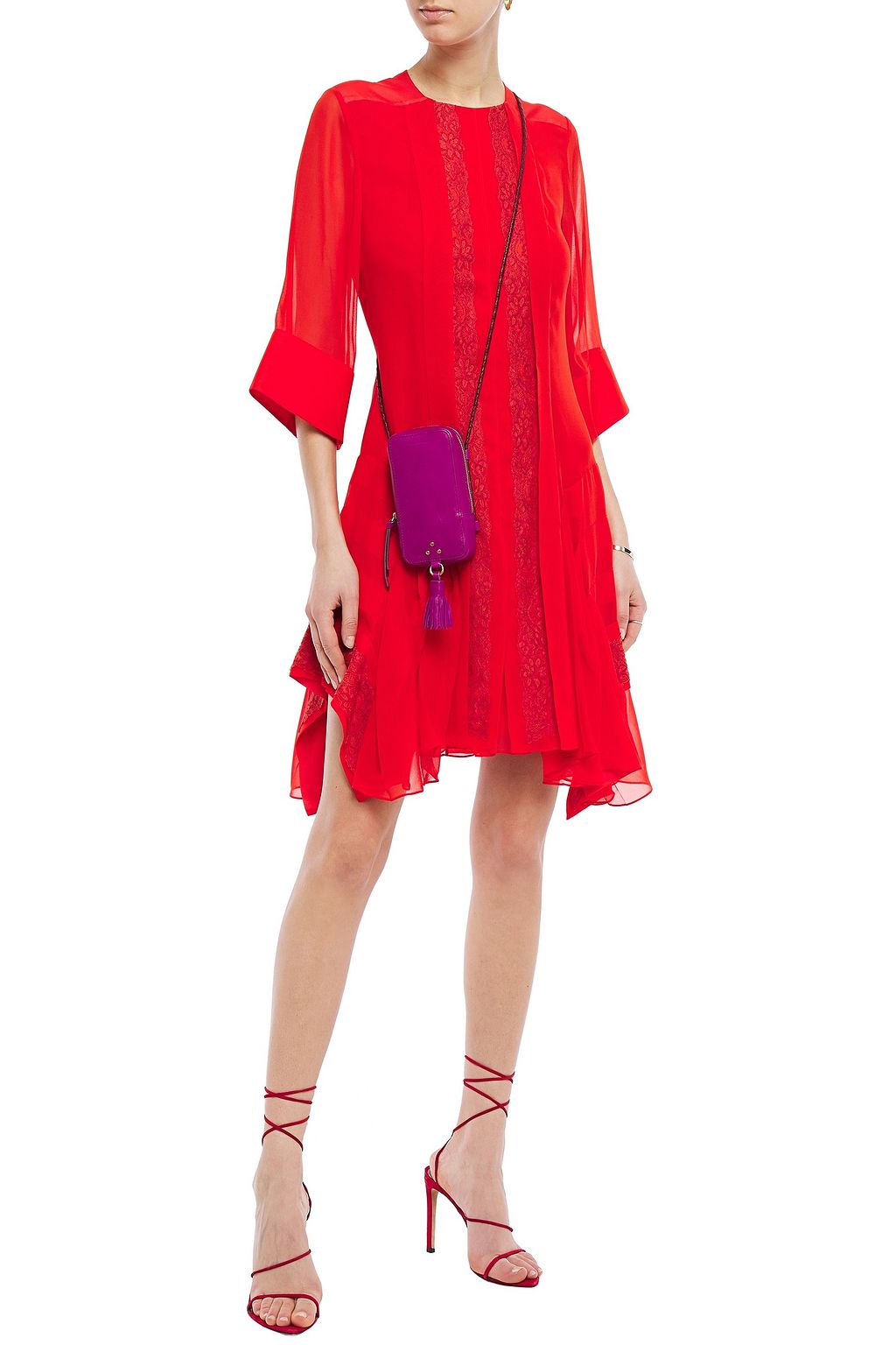CHLOÉ Asymmetric lace-paneled pleated georgette mini dress