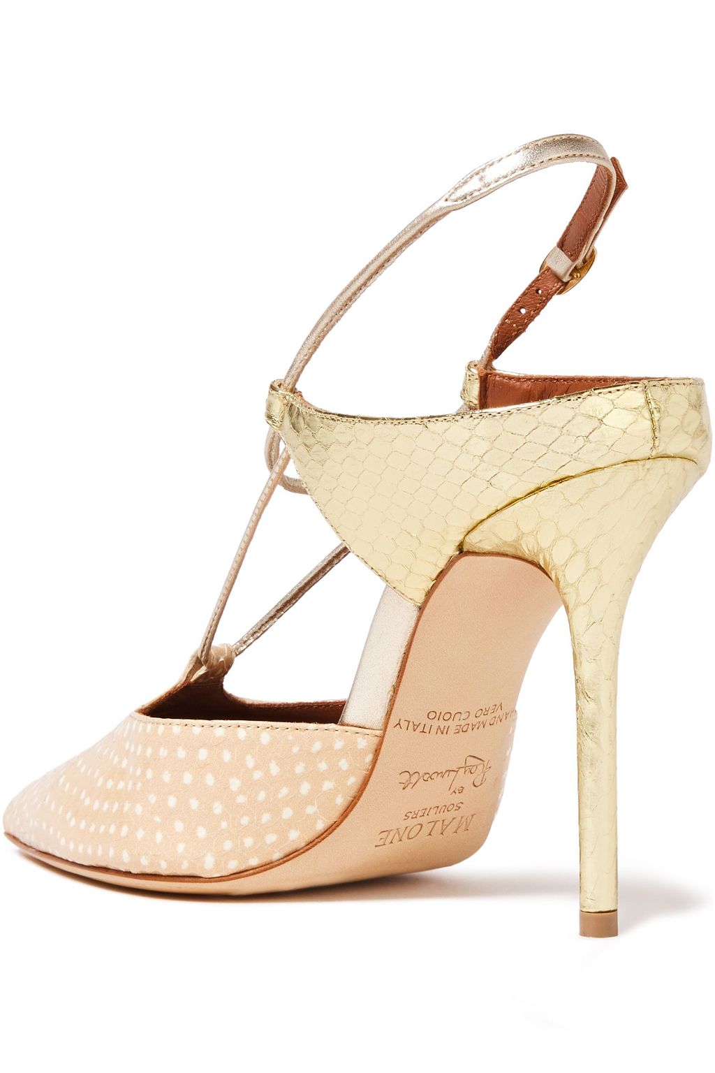 MALONE SOULIERS Daria metallic-paneled polka-dot elaphe slingback pumps