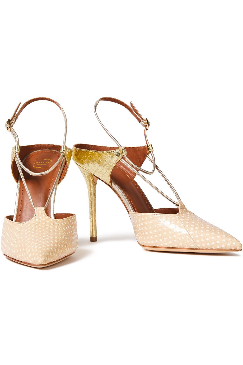 MALONE SOULIERS Daria metallic-paneled polka-dot elaphe slingback pumps