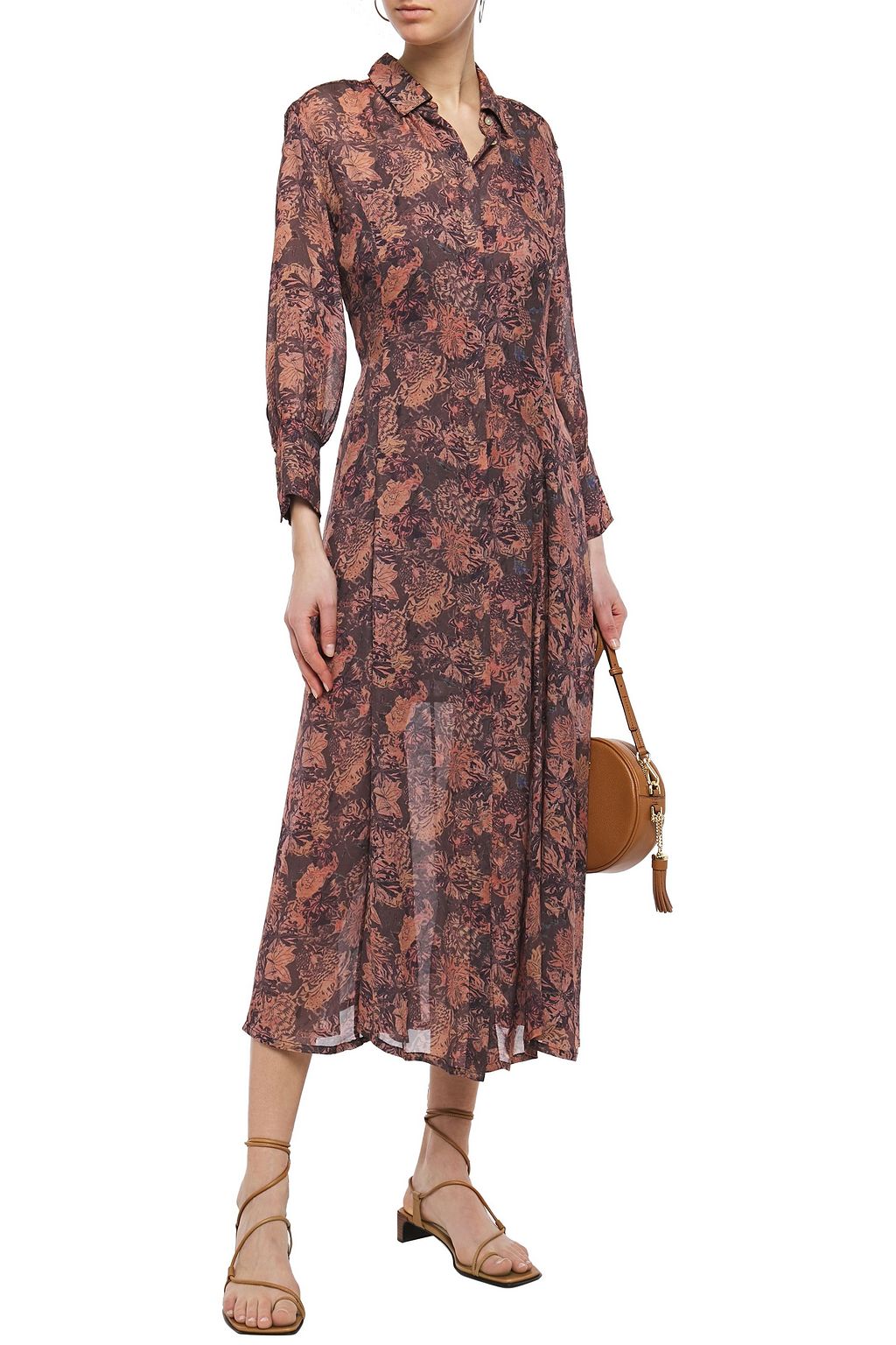 Burgundy Pleated floral-print chiffon midi shirt dress | Sale up to 70% off | THE OUTNET | IRO 