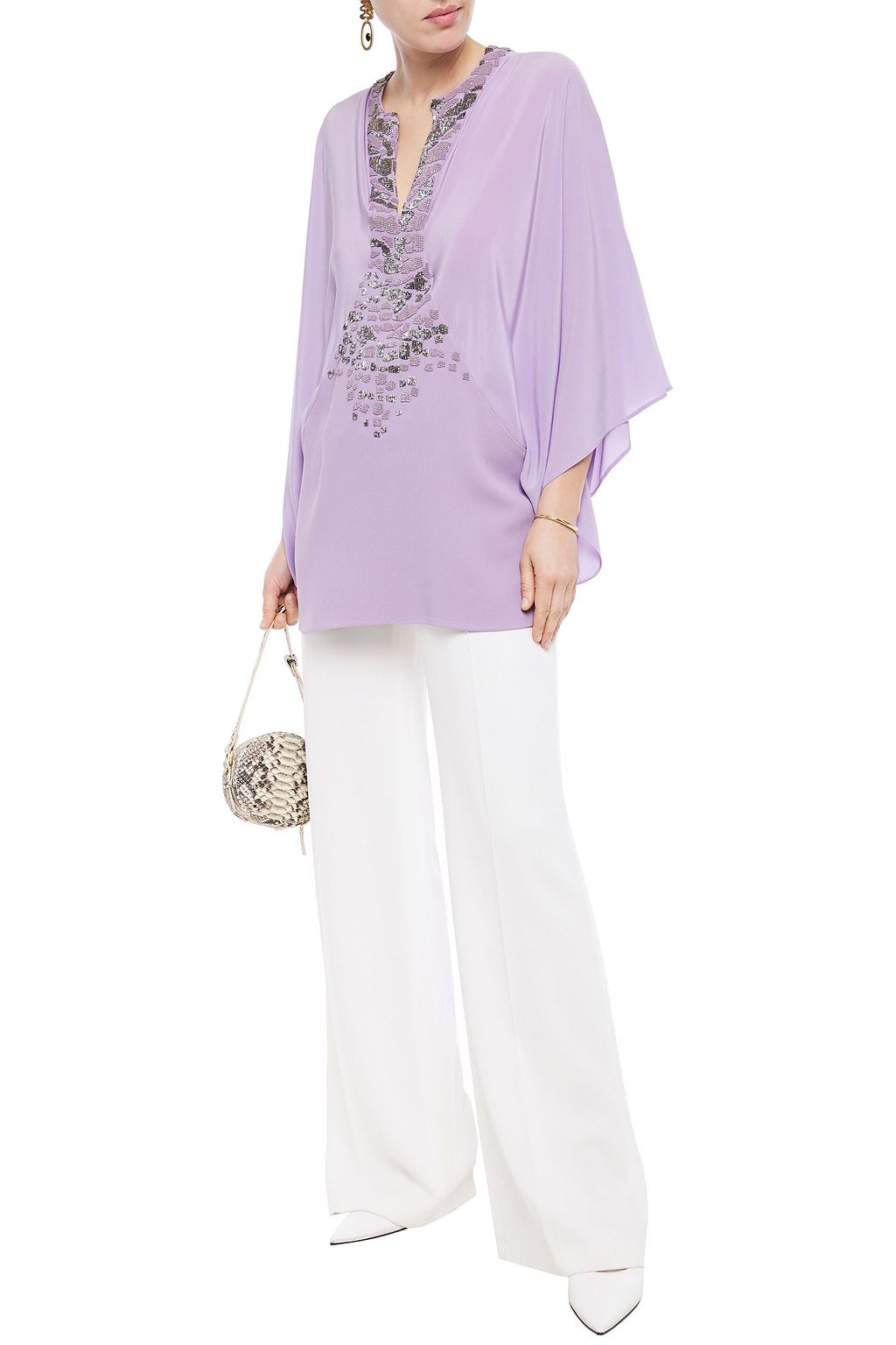 ROBERTO CAVALLI Bead-embellished crepe and crepe de chine top