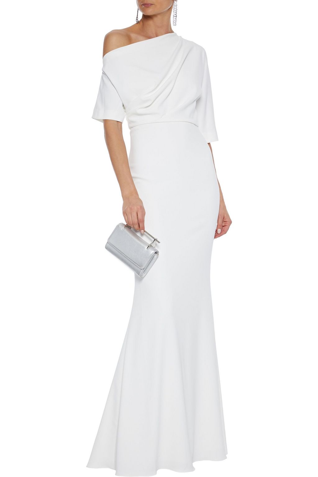 BADGLEY MISCHKA One-shoulder draped cady gown