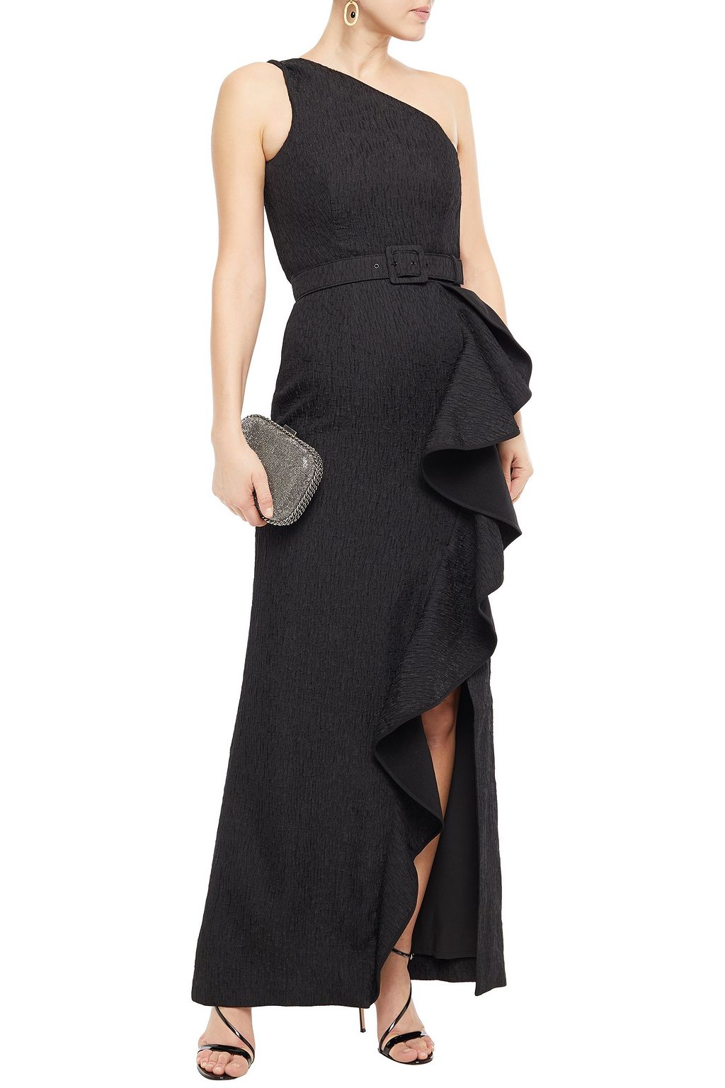 REBECCA VALLANCE One-shoulder ruffled cloqué gown