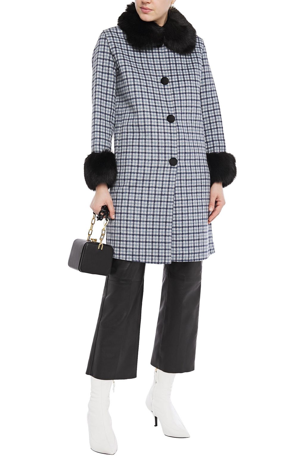 CHARLOTTE SIMONE Nancy faux fur-trimmed checked wool-blend felt coat