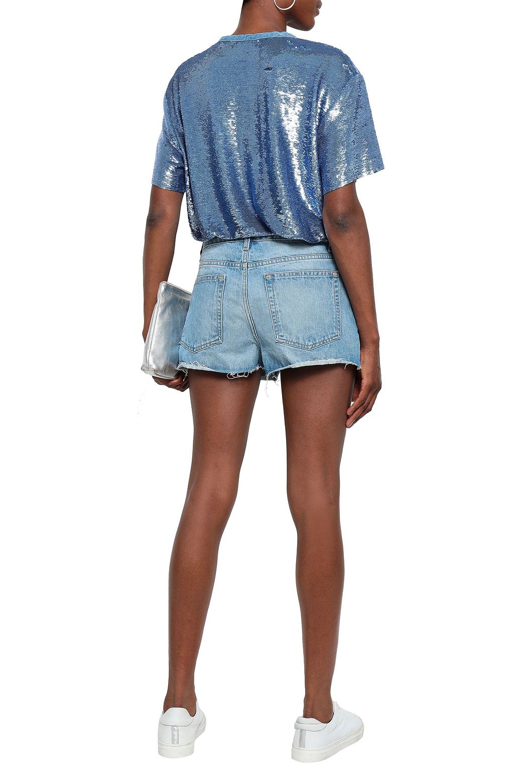 IRO Denim-trimmed sequined French terry T-shirt