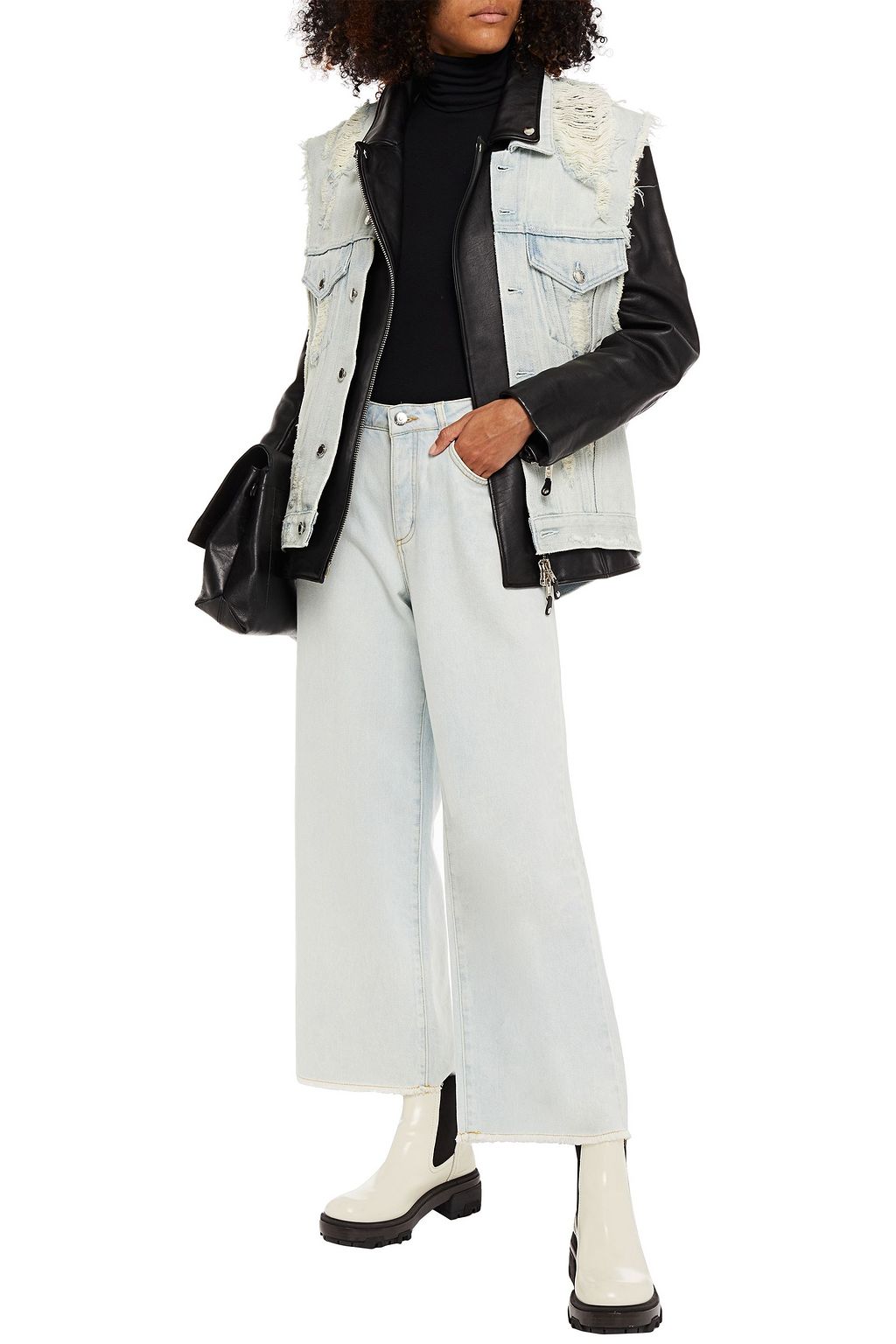 ALEXANDER WANG Distressed denim-paneled leather biker jacket