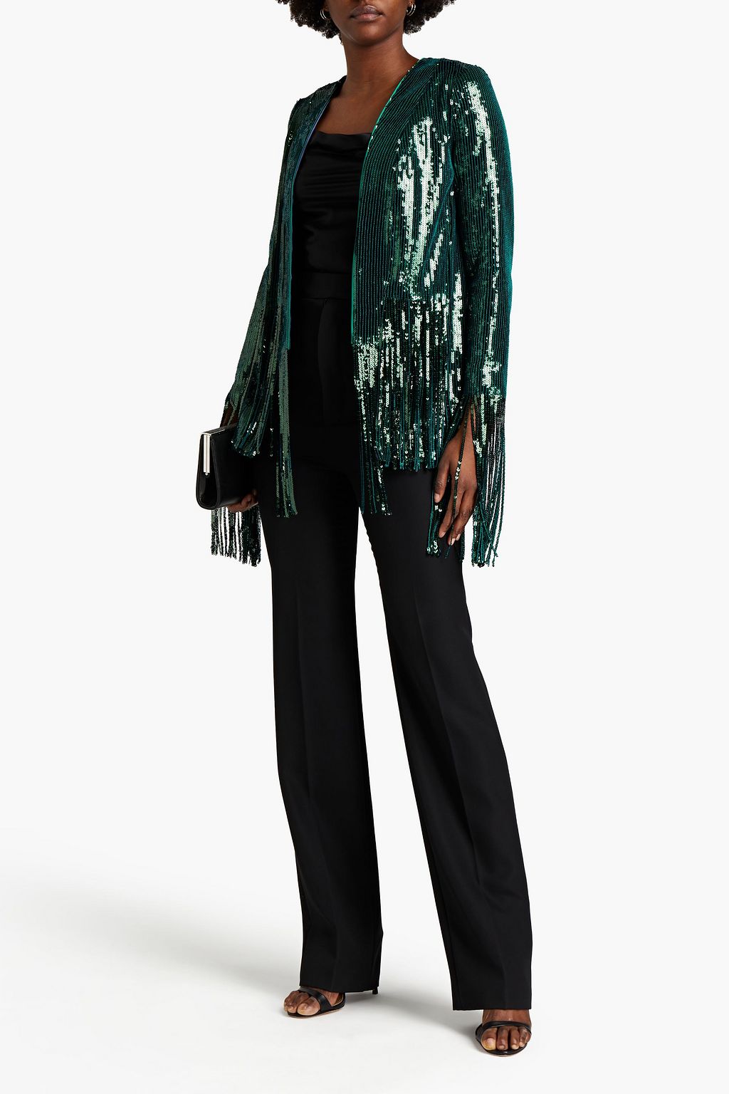 GALVAN  LONDON Satin-trimmed fringed sequined mesh jacket