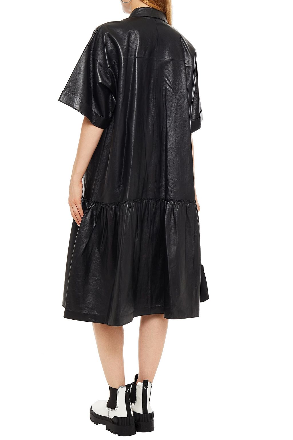 STAND STUDIO Oversized gathered leather midi shirt dress