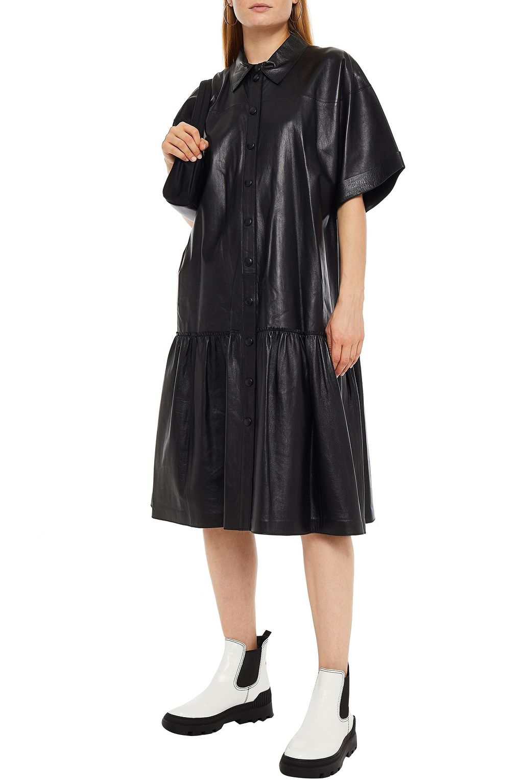STAND STUDIO Oversized gathered leather midi shirt dress