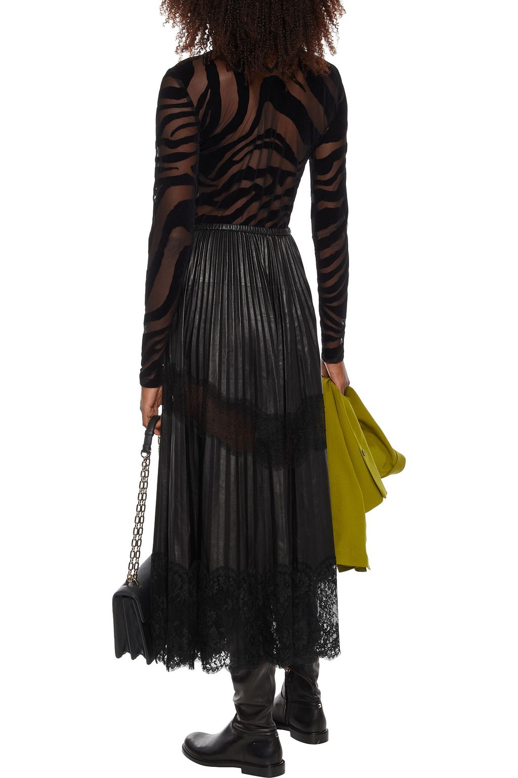 VALENTINO GARAVANI Lace-paneled pleated leather midi skirt