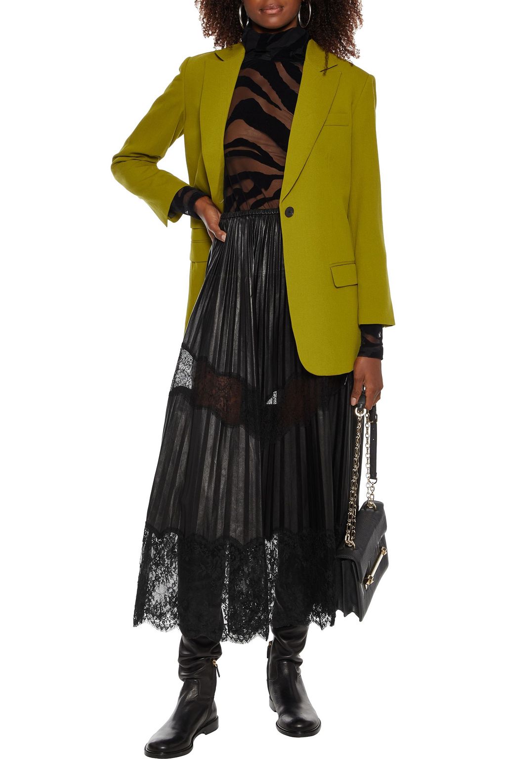 VALENTINO GARAVANI Lace-paneled pleated leather midi skirt