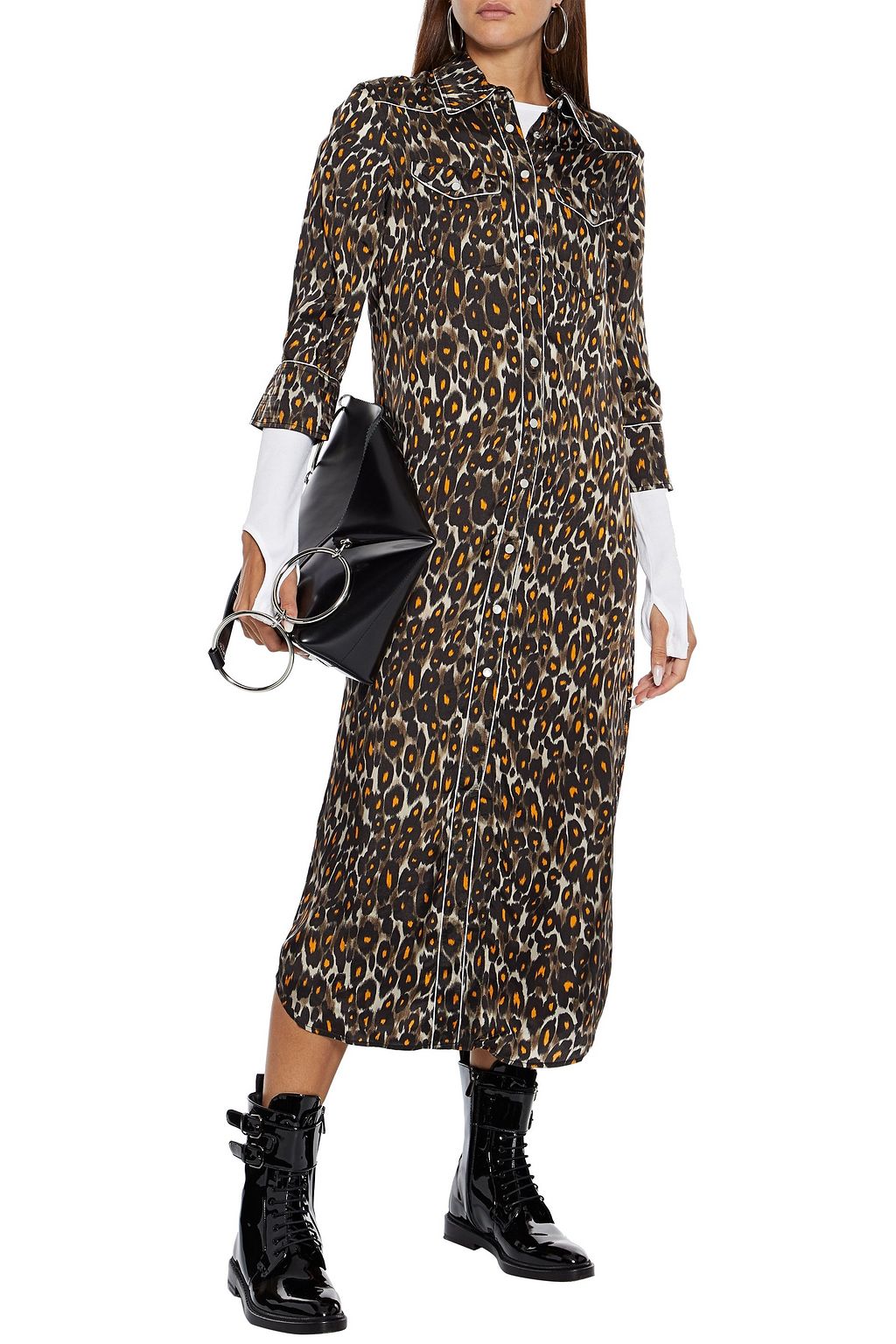 R13 Cowboy leopard-print cupro-satin midi shirt dress