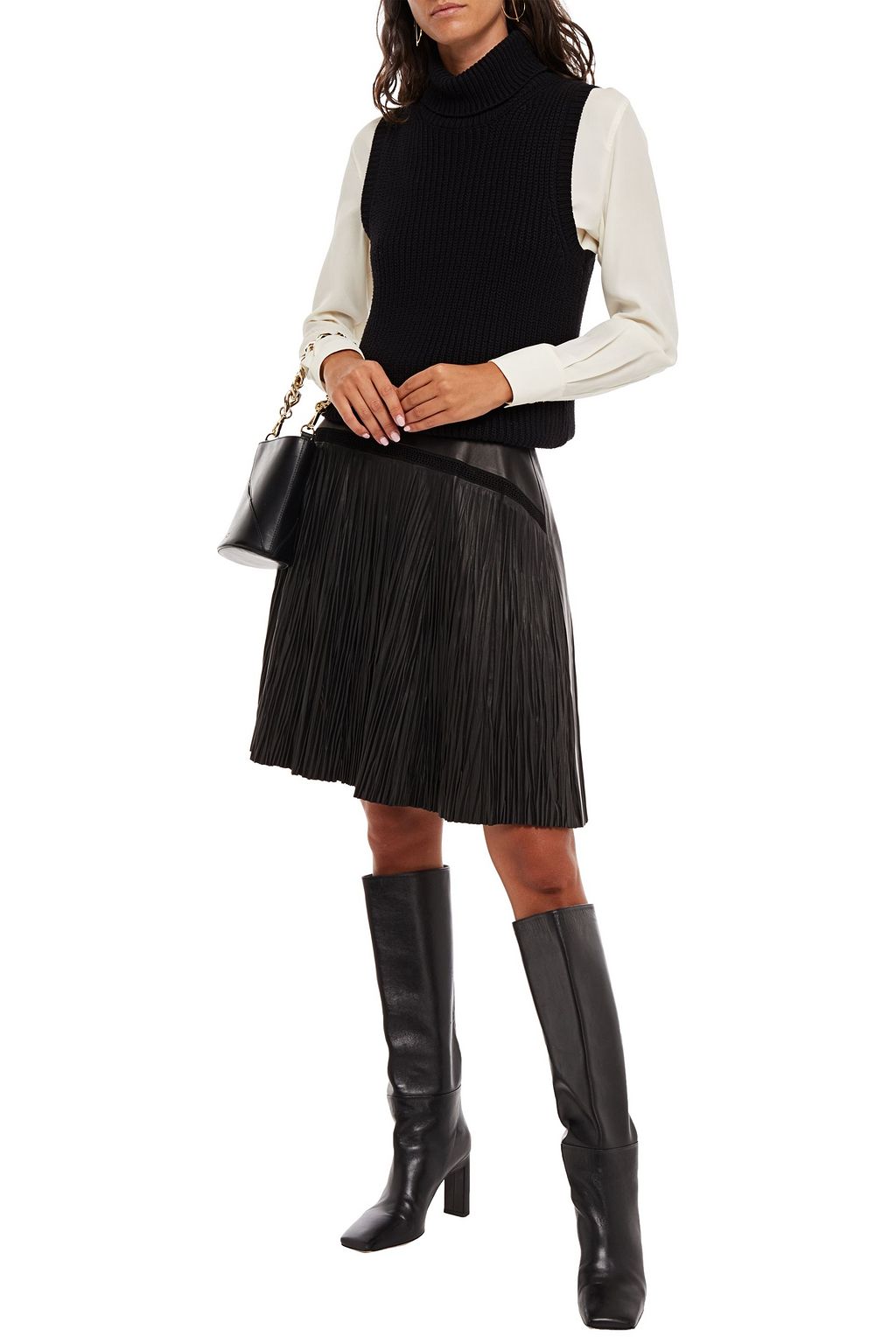 CHLOÉ Pointelle-trimmed plissé leather skirt