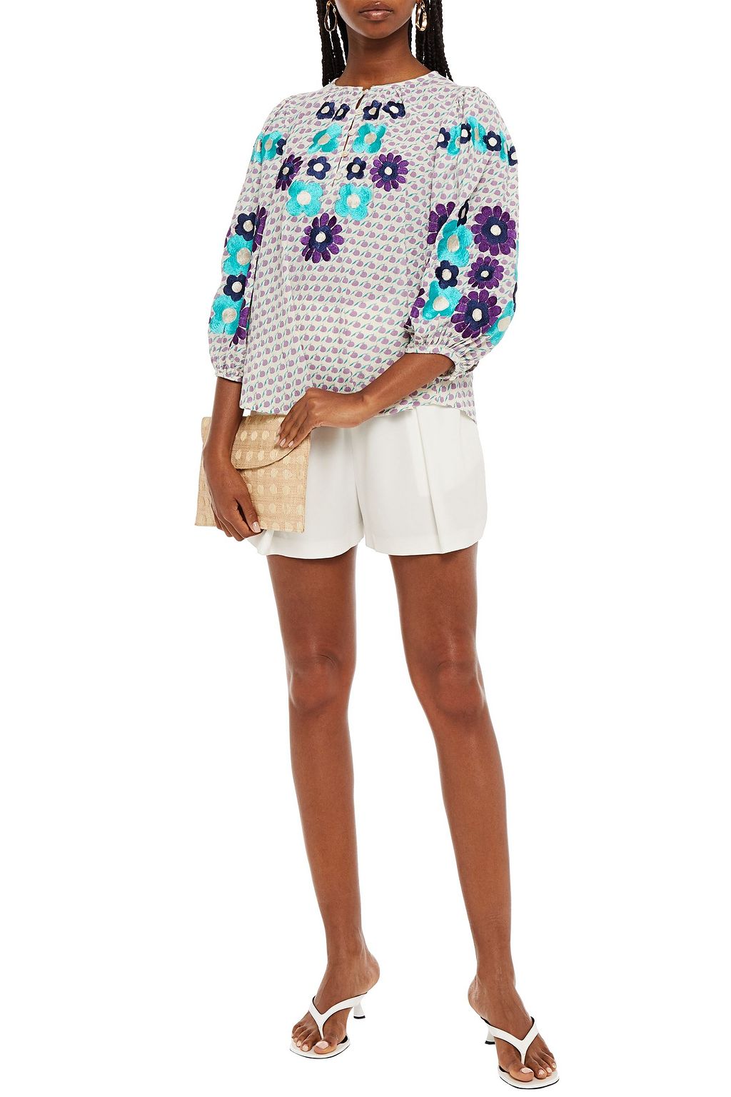 ANTIK BATIK Apoline embroidered printed cotton-gauze top