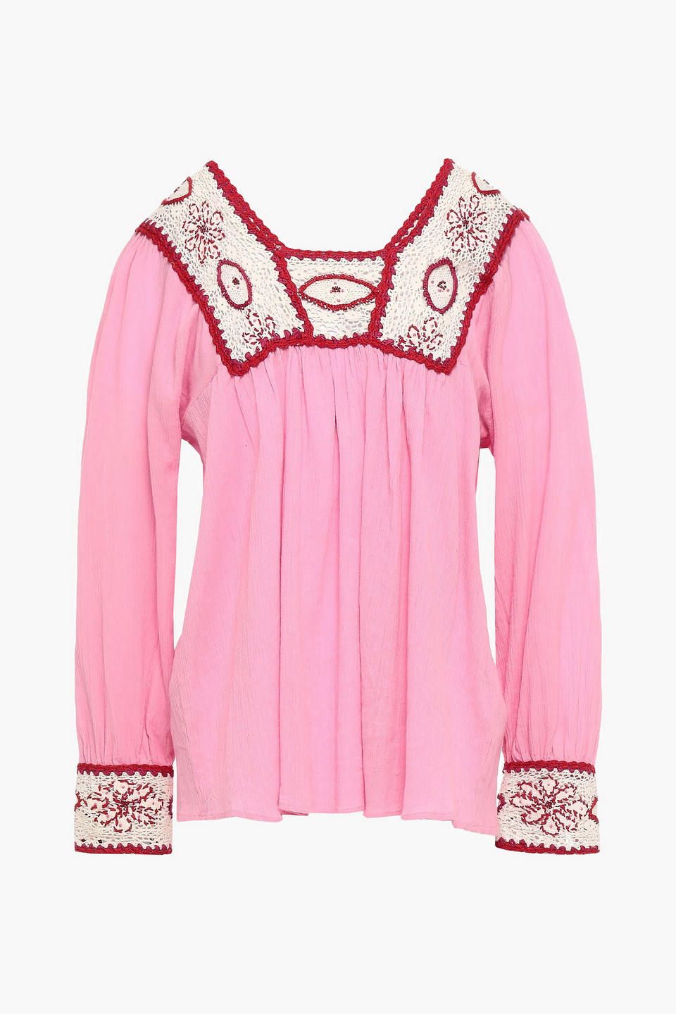Antik Batik Crochet-trimmed crinkled cotton-gauze blouse