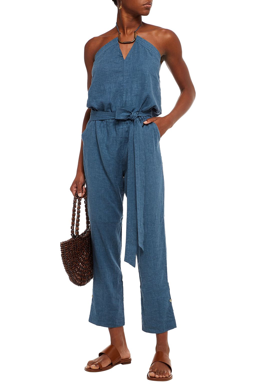 VIX PAULA HERMANNY Belted linen-blend halterneck jumpsuit