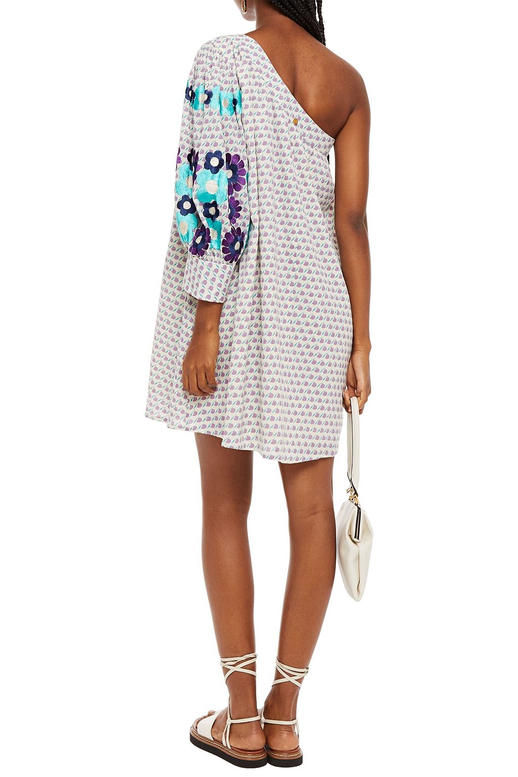 ANTIK BATIK Apoline one-shoulder embroidered printed cotton-gauze mini dress