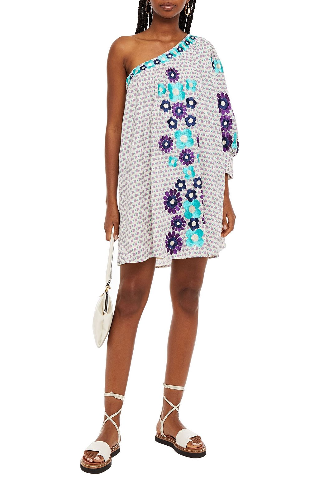 ANTIK BATIK Apoline one-shoulder embroidered printed cotton-gauze mini dress