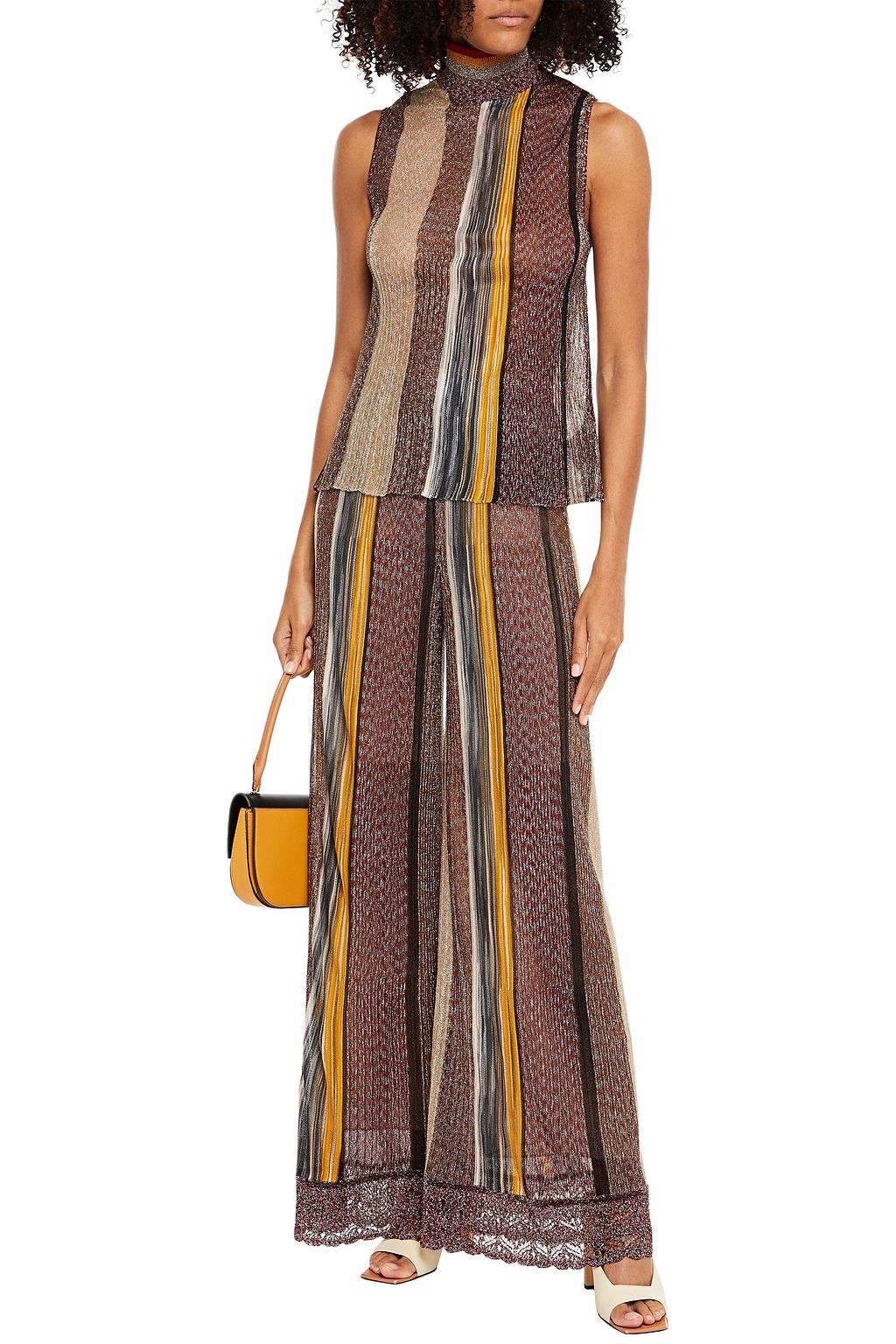 MISSONI Plissé metallic striped knitted turtleneck top
