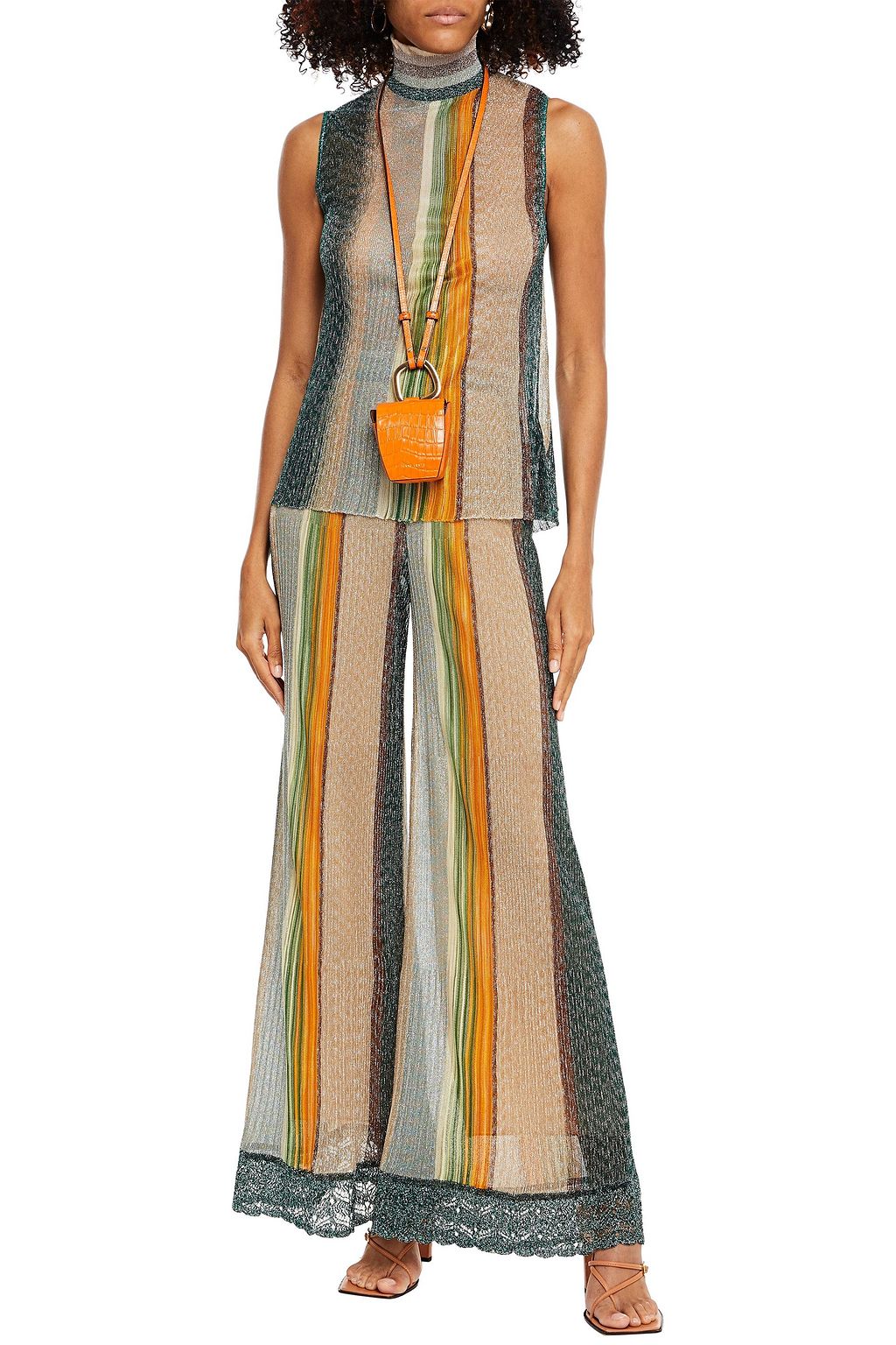 MISSONI Plissé metallic striped knitted turtleneck top
