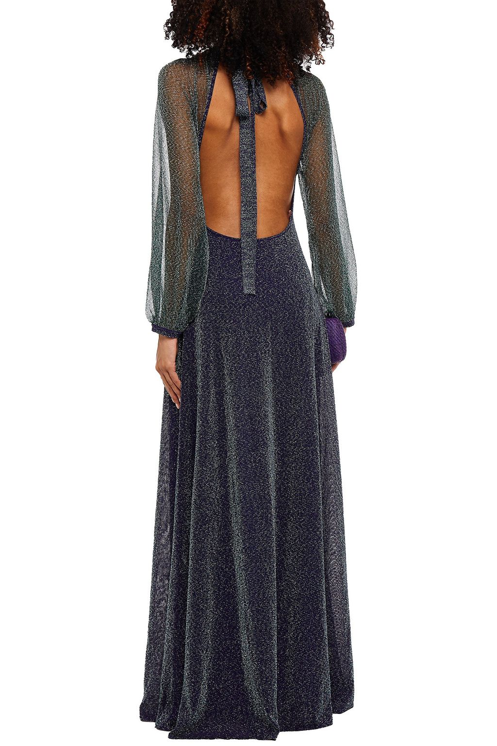 MISSONI Open-back burnout-effect metallic crochet-knit maxi dress