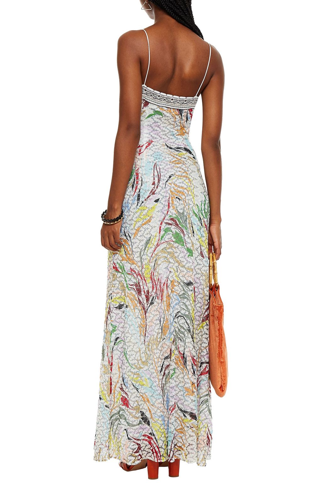 MISSONI Maxi-Strickkleid in Häkeloptik mit Metallic-Effekt und Print